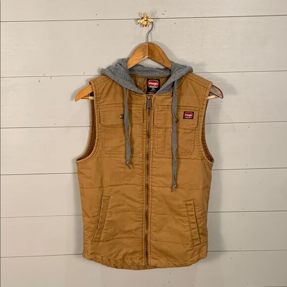 Wrangler khaki brown zip up vest with grey hood light insulated size small - Picture 1 of 8
